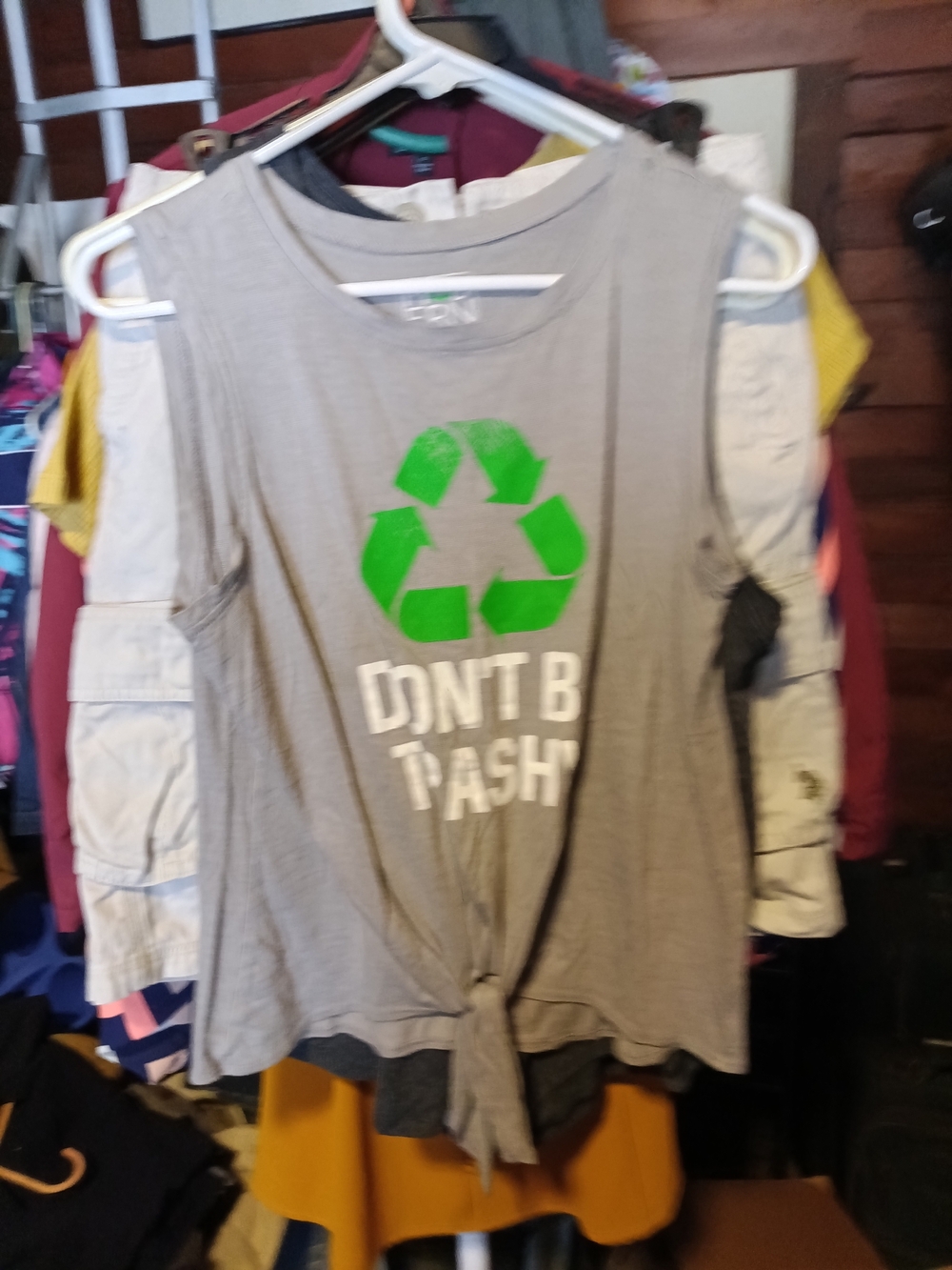 Modern Lux Gray Tank Top with Green Recycle Graphic and Front Tie